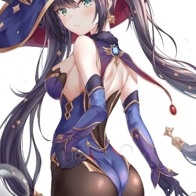 1girl, aqua eyes, ass, bnari, clothed, clothing, ear piercing, female, genshin impact, hat, long hair, looking at viewer, mona (genshin impact), purple hair, sideboob