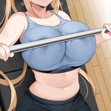 1girls, ass, bare shoulders, belly, belly button, bench press, blend s, blonde hair, blue eyes, blush, blush, breast press, breasts, breasts, breasts