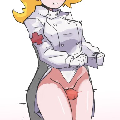 blonde hair, docecaedrus, embarrassed, green eyes, no panties, nurse, nurse (terraria), nurse cap, nurse uniform, terraria, thigh sex, white background