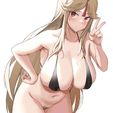 bangs, bare hips, bare legs, bikini, bikini bottom removed, bikini top, black bikini, bottomless, breasts, cleavage, cunimura1584, eyebrows visible through hair, female, genshin impact, hair ornament