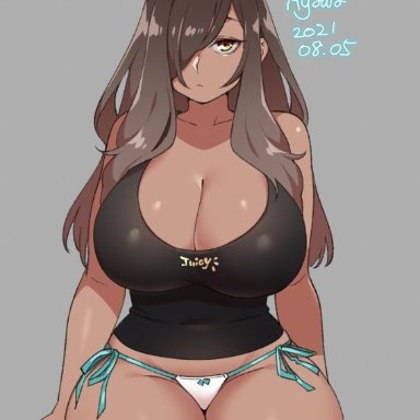 1girls, bikini bottom, breasts, brown hair, cleavage, female, female only, hair over one eye, huge breasts, ryo agawa, solo, tank top, thick thighs, wide hips