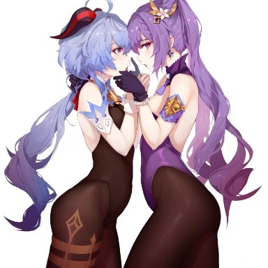 2girls, after kiss, artist request, blue hair, ganyu (genshin impact), genshin impact, gloves, goat horns, holding hands, horn, keqing (genshin impact), legwear, leotard, looking at viewer, open mouth