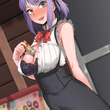 big breasts, blush, blushing at viewer, blushing profusely, bra, bra cups sticking out, busty, cleavage, corset, dagashi kashi, deep cleavage, dress, embarrassed, looking at viewer, nervous