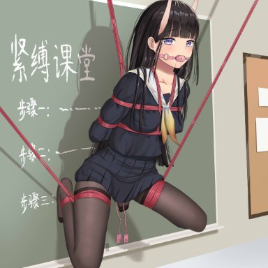 arms behind back, azur lane, ball gag, bent knees, black hair, black serafuku, black skirt, bondage, bound legs, breast bondage, breasts, classroom, clavicle, clothing, female