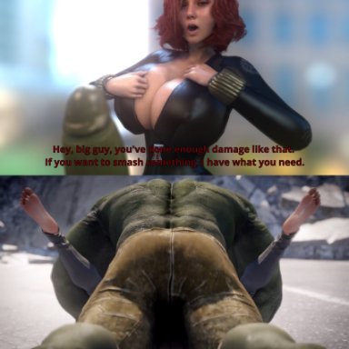 1boy, 1girls, barefoot, big cock, bimbo, black widow, cleavage, clothed, clothing, huge breasts, hulk, hulk (series), instant loss 2koma, larger male, leguymelef