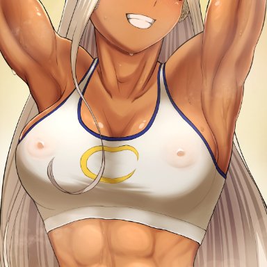 1girls, abs, armpits, arms above head, arms up, brown eyes, brown skin, bunny ears, erect nipples, fit, fit female, long hair, looking at viewer, miruko, muscular