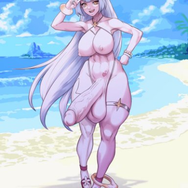 1futa, areolae, balls, bangs, beach, big breasts, breasts, detailed background, elf, epic7, erection, full body, futa only, futanari, hair bun