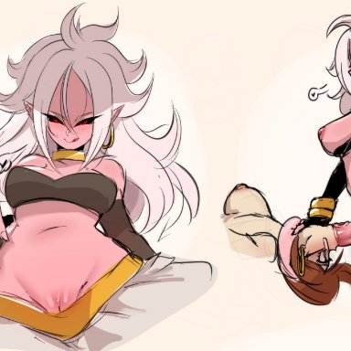 1futa, 2girls, android 21, areolae, big penis, black sclera, blue eyes, breasts, brown hair, clothed, clothing, collage, color, dragon ball, duo