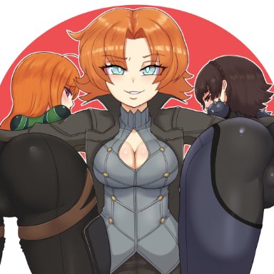 3girls, ahoge, artist name, ass, bangs, braid, brown eyes, brown hair, cameltoe, cleavage, cleavage cutout, commission, crossover, eastern and western character, eyebrows visible through hair