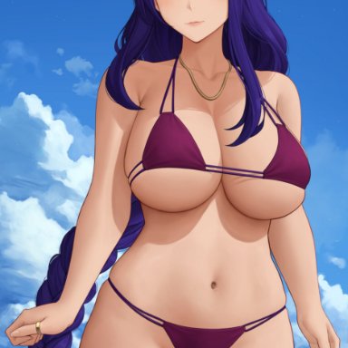 absurdres, baal (genshin impact), bangs, bare shoulders, beach, bikini, blue sky, blush, braid, braided ponytail, breasts, cleavage, collarbone, female, genshin impact