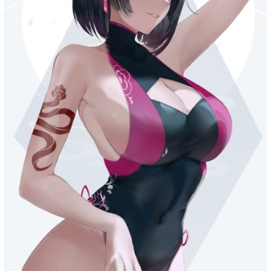 arms up, bangs, bare shoulders, black hair, breasts, cleavage, earrings, eyeshadow, highres, horns, jewelry, large breasts, leotard, looking at viewer, makeup