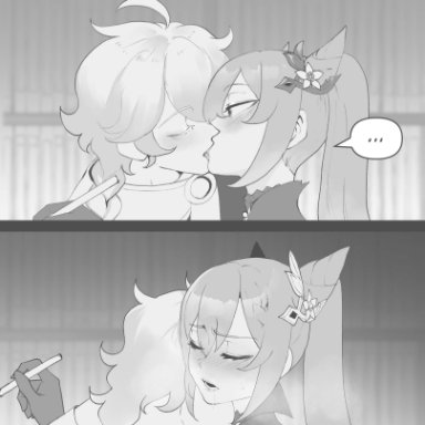 1boy, 1girls, aether (genshin impact), blush, breasts, closed eyes, comic, cunnilingus, french kiss, genshin impact, greyscale, heart, heavy breathing, hi res, keqing (genshin impact)