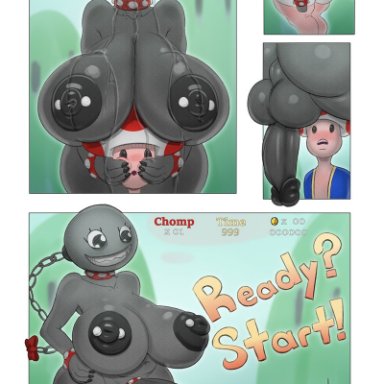 1boy, 1futa, anthro, anthrofied, areolae, balls, big ass, big balls, big penis, breasts, chain chomp, comic, duo, futa on male, futa with male