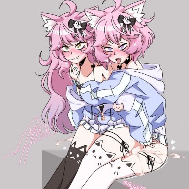 1futa, 1girls, ahe gao, animal ears, ass, blush, bottomless, cat ears, catgirl, clothed, clothing, cum, cum in pussy, cumming, drooling