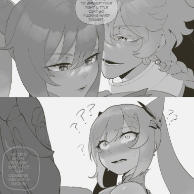 1girls, 2boys, ?, aether (genshin impact), blush, chongyun (genshin impact), comic, confusion, dirty talk, english text, female, genshin impact, greyscale, heart-shaped pupils, hi res