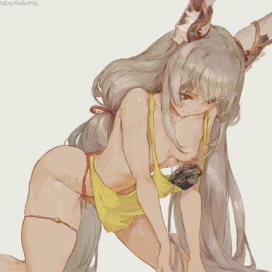 1girls, absurd res, animal ears, artist name, breasts, brown eyes, cutesexyrobutts, fan, female, female only, grey hair, hi res, looking down, nia, signature