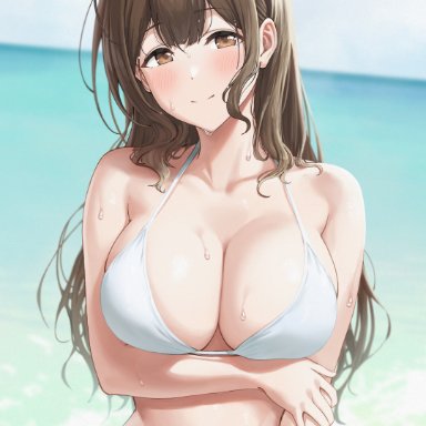 1girls, big breasts, bikini, blush, breasts, brown eyes, brown hair, chagama teishoku, cleavage, female, female only, idolmaster, idolmaster shiny colors, kuwayama chiyuki, large breasts