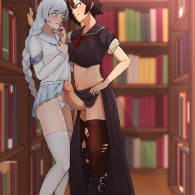 1futa, 2girls, blush, boots, futa on female, futanari, grimkopi18, library, long hair, long skirt, midriff, naughty face, panties, penis, pinned