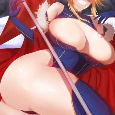 absurdres, artoria pendragon, artoria pendragon (all), artoria pendragon (lancer), ass, ass focus, bare shoulders, big ass, blonde hair, blue gloves, blue legwear, blue leotard, braid, breasts, cape