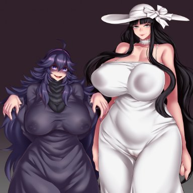 1girls, 2girls, alternate breast size, big breasts, black hair, breasts, female, female only, hasshaku-sama, hex maniac, huge breasts, japanese mythology, long hair, looking at viewer, nintendo