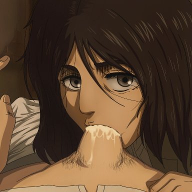 1boy, 1boy1girl, 1girls, artist request, attack on titan, bed, bed sheet, black border, black eyes, black hair, blowjob, bottomless, clothed, clothed female, clothed male