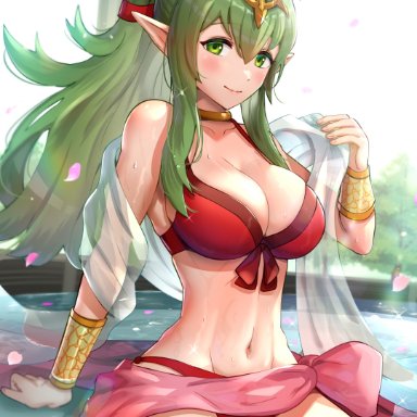 1girls, absurdres, alternate costume, arm support, bangs, bare shoulders, bikini, blush, bracelet, breasts, cleavage, closed mouth, collarbone, commentary, female