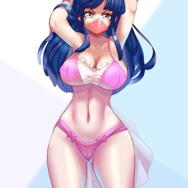 big breasts, big breasts, blue hair, cjhomics, horns, one piece, pink hair, swimsuit, thick thighs, thighhighs, two tone hair, ulti (one piece)