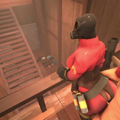 3d, 3d (artwork), ambiguous penetration, animated, bent over, bent over railing, bouncing breasts, bouncing butt, corset, fempyro, mp4, ripped clothing, soldier (team fortress 2), sound, source filmmaker