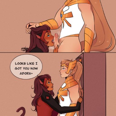 1futa, 1girls, adora, against wall, blowjob, blue eyes, bottomless, brown hair, canon couple, cat ears, cat tail, catgirl, catra, clothed, comic
