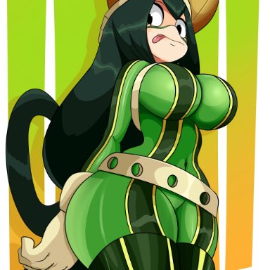 1girls, big ass, big breasts, from below, hi res, long hair, looking at viewer, looking down, my hero academia, solo, sonson-sensei, thick thighs, thin waist, tight clothing, tsuyu asui