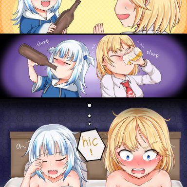 2girls, a, after sex, bed, bite mark, blonde hair, blue eyes, blush, chira573, drinking, drunk, eyebrows visible through hair, gawr gura, hololive, hololive english