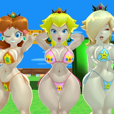 3d, 3girls, alternate body type, arm behind back, arm behind head, armpits, arms behind head, big breasts, bikini, blonde hair, blue bikini, breasts, brown hair, closed eyes, earrings