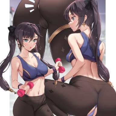 1girls, absurdres, accidental exposure, ass, ass focus, bangs, black hair, blush, breasts, cameltoe, cleft of venus, close-up, collarbone, cowboy shot, dumbbell