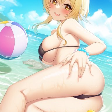 1girls, ass, ass grab, beach, beach ball, bikini, black bikini, blonde hair, blush, busty, duck, female, female only, fukuro ko (greentea), genshin impact