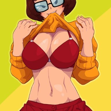 1girls, bob cut, breasts, brown hair, busty, cleavage, female, female focus, female only, glasses, hanna-barbera, hourglass figure, large breasts, looking at viewer, navel