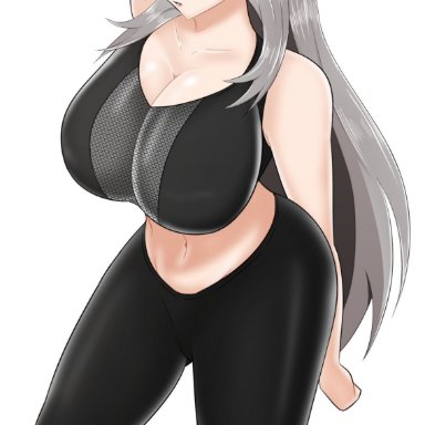 1girls, axel persona, big breasts, breasts, clothed, clothing, huge breasts, large breasts, leggings, persona, persona 5, red eyes, sae niijima, silver hair, sports bra