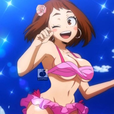 1girls, breasts, busty, ear piercing, earrings, hourglass figure, linkartoon, my hero academia, ochako uraraka, piercing, screenshot edit