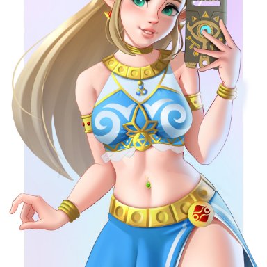 1girls, absurd res, blonde hair, breath of the wild, earrings, female, gerudo outfit, gerudo top, green eyes, hylian, jackary draws, long hair, navel piercing, nintendo, princess zelda