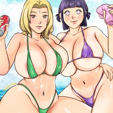 2girls, abs, areolae, bbw, beach, big breasts, bikini, bikini bottom, bikini top, blonde hair, blush, bob cut, boruto: naruto next generations, brown eyes, busty