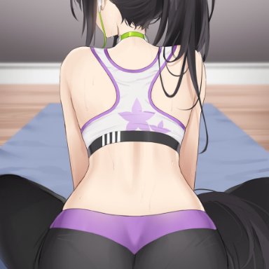 ass, back, black hair, black pants, blue archive, blue yoga mat, bra, choker, earbuds, female, high resolution, long hair, pants, pantylines, ponytail