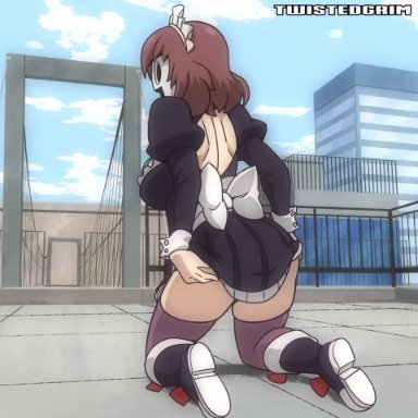 1girls, 2d, animated, ass, boots, bow, brown hair, clothed, clothing, clothing lift, dress, female, female focus, female only, female solo