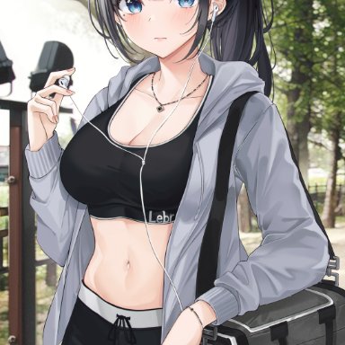 1girls, 3:, bag, bangs, black hair, black pants, black shirt, blue eyes, blush, bra, breasts, clavicle, cleavage, closed mouth, clothing