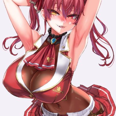 armpits, arms behind head, arms up, asanagi, big breasts, blush, cleavage, curvy, heterochromia, hololive, houshou marine, huge breasts, licking lips, looking at viewer, miniskirt