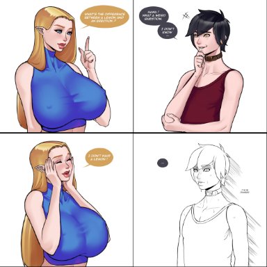 1boy, 1futa, ambiguous gender, areolae, big breasts, black hair, blonde hair, blue eyes, blush, breasts, choker, closed eyes, clothed, clothing, comic