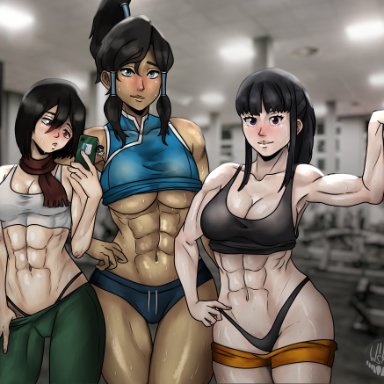 3girls, abs, after workout, attack on titan, avatar legend of korra, avatar the last airbender, bare arms, bare shoulders, big breasts, black hair, blush, bra, brown hair, eastern and western character, female only