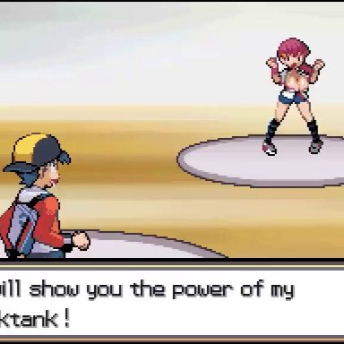 1boy, 1girls, animated, big boobs, big breasts, big tits, boobs, bouncing breasts, breasts, cleavage, cleavage cutout, english text, ethan (pokemon), eyes wide open, game freak