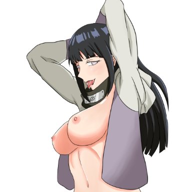 1girls, arms behind head, arms up, artist request, big breasts, black hair, blunt bangs, breasts, breasts outside, clothed, clothed female, clothing, collar, cropped torso, fellatio