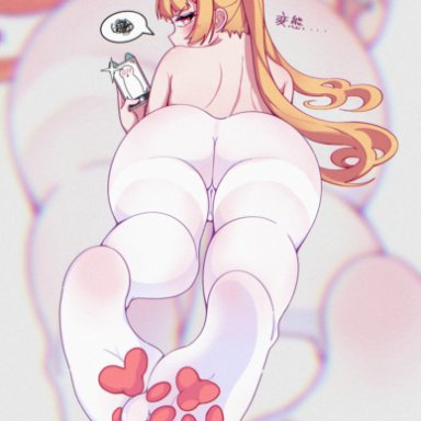 ass, bare back, bare shoulders, blonde hair, cellphone, feet, female, foot focus, from behind, heart, heart-shaped pupils, heart in eye, highres, kneepits, legs