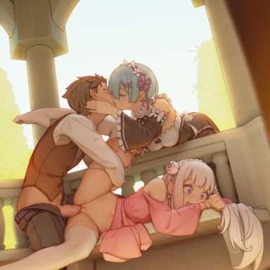 1boy, 2girls, bartolomeobari, blue hair, clothed sex, dress, emilia (re:zero), kissing, leg grab, legs up, maid, natsuki subaru, no panties, re:zero kara hajimeru isekai seikatsu, rem (re:zero)