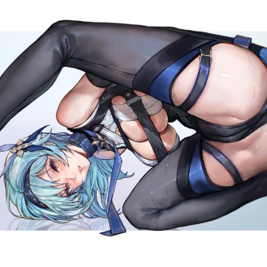 1girls, 2021, areola slip, areolae, arms behind back, arms restrained, ass, barely contained, blue hair, blush, breasts, cameltoe, chains, embarrassed, eula (genshin impact)